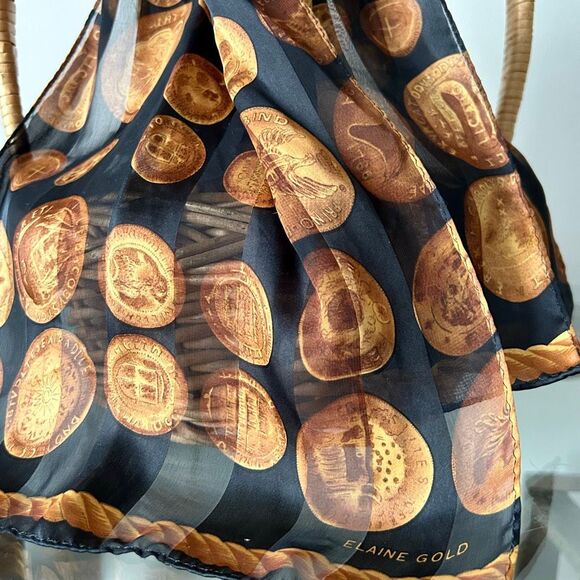 Vintage Elaine Gold Silky Sheer Scarf | Brown & Black, Antique Coins Pattern EUC - Picture 3 of 3